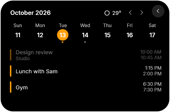 Dynamic Island for Windows 11 by Notchzy, expanded at the top of the screen with a week calendar, weather and today's events