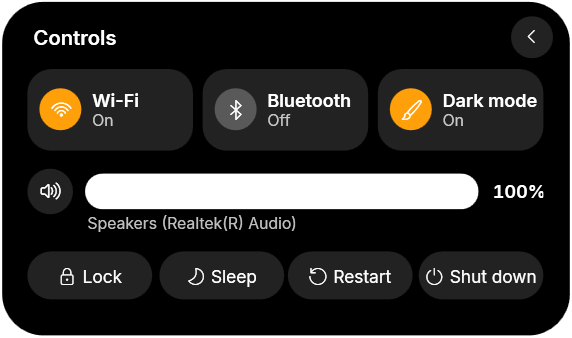 MacBook-style notch for Windows by Notchzy, opened to quick controls for Wi-Fi, Bluetooth, dark mode, volume and power